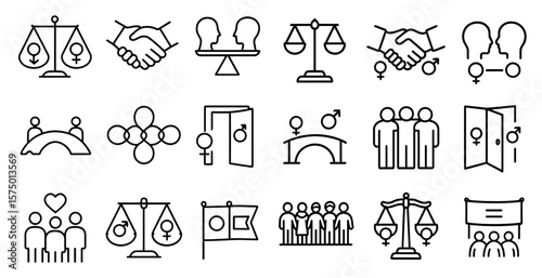 Series of black and white icons that represent various social issues. The icons include a handshake, a scale, a flag, a bridge, and a door. Scene is one of unity and cooperation