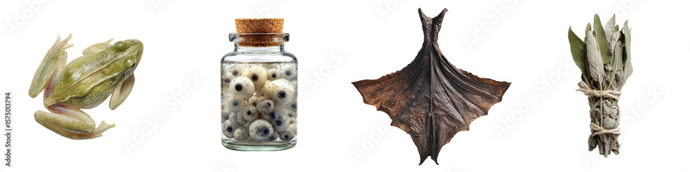 Naklejka premium Witch potion ingredients: skinned frog, jar of eyeballs, bat wing and sage bundle on transparent background