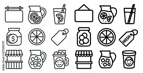 Set of black and white icons for various drinks and food items. The icons include a pitcher, a cup, a glass, a bottle, a jar, a cup with a straw, a cup with a lid, a cup with a handle