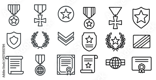 Set of military medals and awards. The medals are arranged in a row and include a shield, a star, and a cross