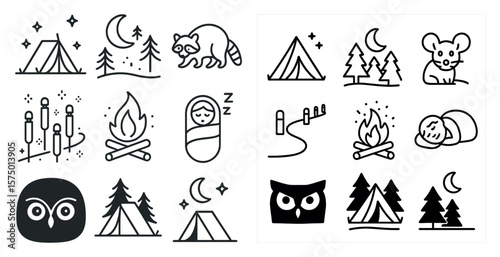 The image is a collection of various icons and symbols related to camping and the outdoors. The icons include a baby, a raccoon, a bear, a tent, a fire, a sleeping bag, a mountain, a tree, a campfire
