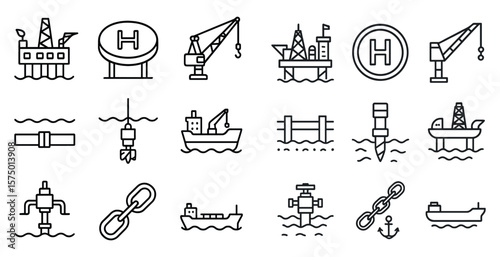 Series of black and white icons of various types of ships and equipment. The icons include a crane, a ship, a boat, and a pipe. Scene is one of industry and maritime activity