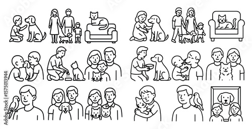 Series of black and white drawings of people and animals, including a man and a woman holding a cat, a man and a woman holding a dog, and a man and a woman holding a bird