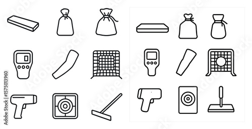 Collection of sports equipment and tools. The image is a collection of various sports equipment and tools, including a baseball bat, a hockey stick, a baseball glove, a tennis racket, a golf club