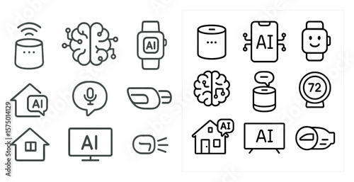 Collection of icons for smart home devices. The icons include a smart speaker, smart TV, smart thermostat, smart light, and a smart home hub. The icons are all in black and white