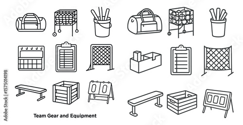 Variety of sports equipment and gear, including a baseball bat, a baseball glove, a sports ball, and a sports ball bag. There are also several benches