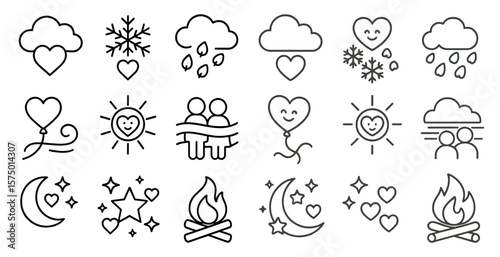 Collection of symbols including hearts, balloons, and raindrops. The symbols are arranged in a grid, with some overlapping each other. Scene is cheerful and playful, with the hearts