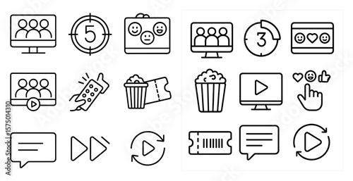 Set of icons for a movie theater. The icons include a movie theater ticket, a popcorn bucket, a remote control, and a heart
