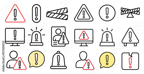 Set of warning signs and symbols, including a red triangle, a yellow circle, and a person with a red face