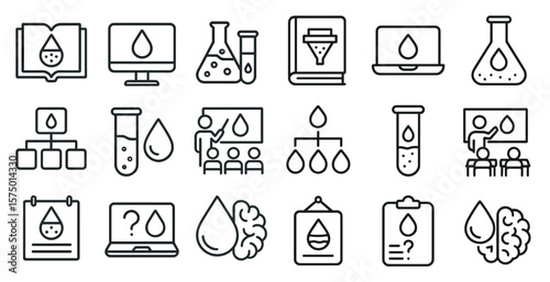 Set of icons for science and technology, including a book, a computer, a brain, and a laptop