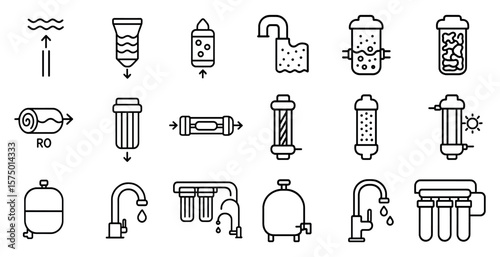 Series of water treatment symbols are shown in a black and white style. The symbols include a water filter, a water pump, and a water treatment plant. Scene is one of cleanliness and purity