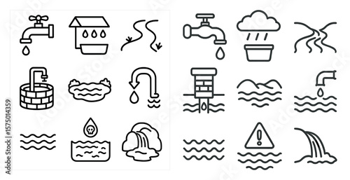 Series of water-related icons, including a sink, a shower, a bathtub, a toilet, a faucet, a bucket, a water pump, a water tower, a water well, and a water hose