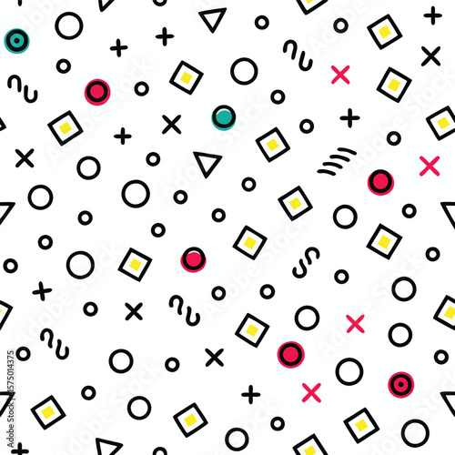 Abstract geometric pattern with circles, squares, triangles, and plus and minus signs in black outlines and pops of color
