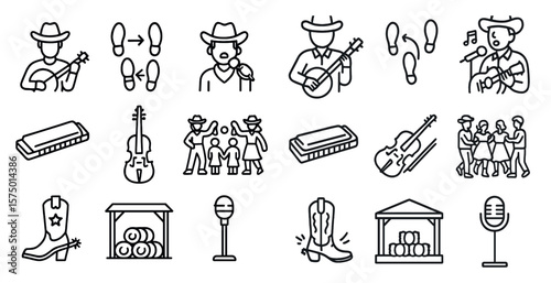 Series of icons depicting various aspects of country music. The icons include a man playing a guitar, a man singing, a man playing a banjo, a man playing a fiddle, a man playing a mandolin