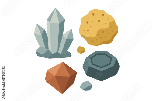 Stylized mineral collection: crystals, rocks, and gemstones