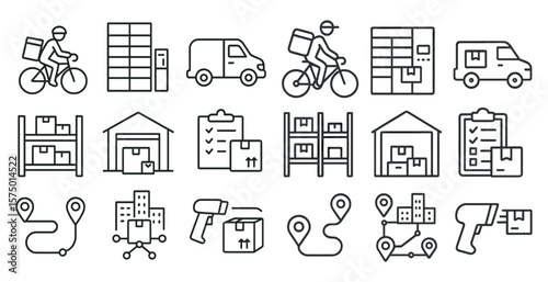 Series of icons depicting various modes of transportation and storage, including a bicycle, a truck, and a warehouse