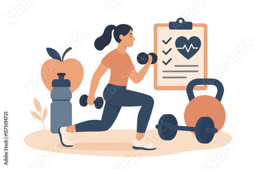 Fitness routine: woman exercising with dumbbells and health checklist in modern flat design