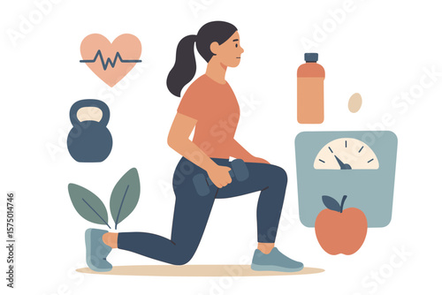 Female fitness routine with dumbbells and healthy lifestyle icons