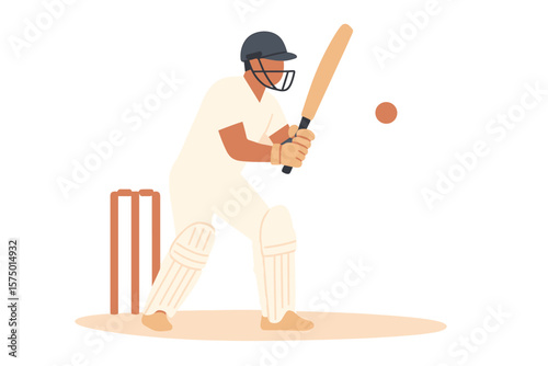 Cricketer in action: flat style illustration of batter ready to hit the ball