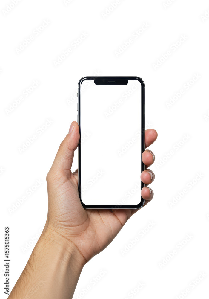Slender gender-neutral hand, mid-20s, holding a sleek ultra-thin dark modern smartphone with a blank white screen and dynamic island, isolated on a pristine transparent background with copy space, no Slender gender-neutral hand, mid-20s, holding a sleek ultra-thin dark modern smartphone with a blank white screen and dynamic island, isolated on a pristine transparent background with copy space, no