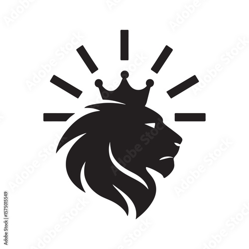 A black silhouette of a lion's head wearing a crown with radiating lines on a white background