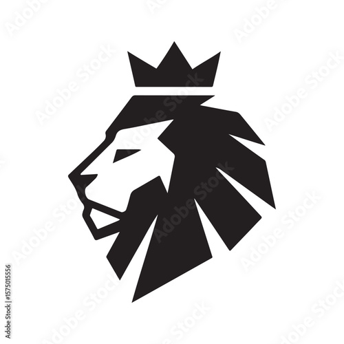 A stylized black and white lion head wearing a crown in profile on a white isolated background