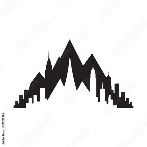 Black silhouette of a city skyline blending into a mountain range on a white background design element