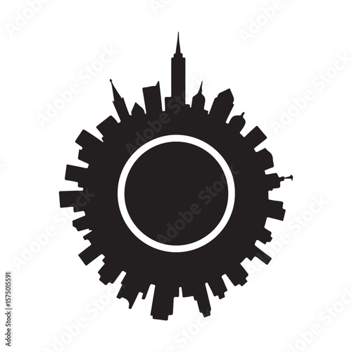 A black and white silhouette of a city skyline formed into a circle with a smaller circle inside it
