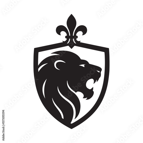 A black silhouette of a lion's head inside a shield with a fleur de lis on top on a white background