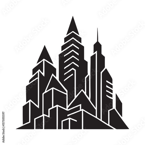 A black and white graphic illustration of a cityscape with various building shapes and sizes shown