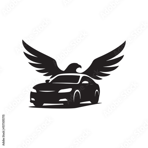 A black silhouette of a car with an eagle with spread wings behind it on a white background design