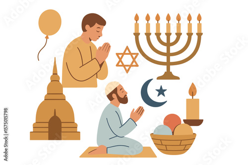 Diverse religious symbols and practices in simple flat design