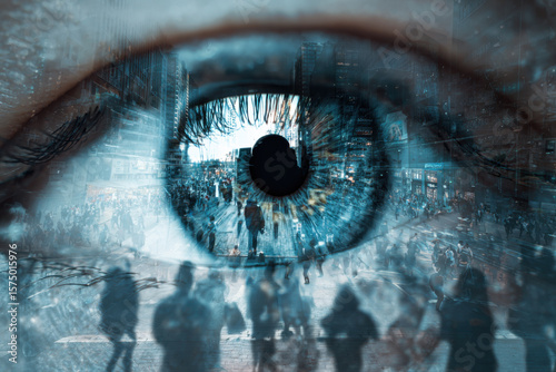 A giant digital eye hovers or is embedded into the cityscape, representing mass surveillance, data tracking and erosion of privacy in Ai-driven societies.
