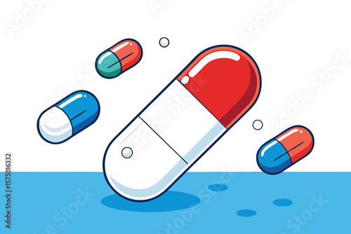 an illustration of a large red and white capsule surrounded by smaller colored capsules and bubbles over a blue surface isolated on white background.