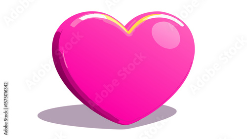 a glossy, plump pink heart with a yellow highlight on a white background, casting a purple shadow isolated on white background.