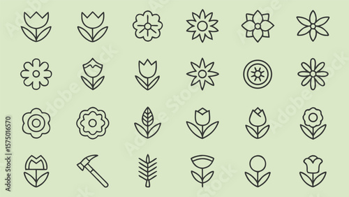 Collection of simple line art icons featuring various flowers and gardening tools