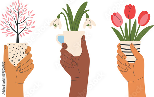 Three hands holding mugs with plants: a tree, snowdrops, and tulips against a blue background