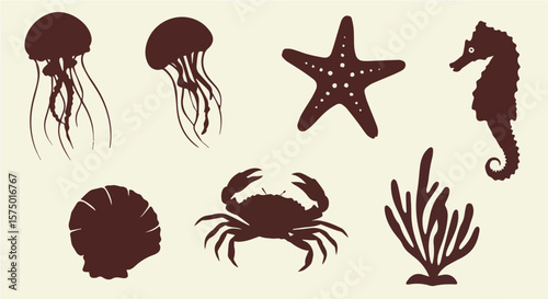 Silhouette illustration featuring marine life including jellyfish starfish and seahorse crab shell sea plant