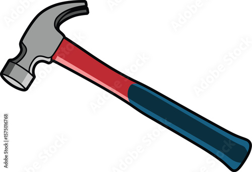 Illustration of a claw hammer with a gray head and a red and blue handle on white background