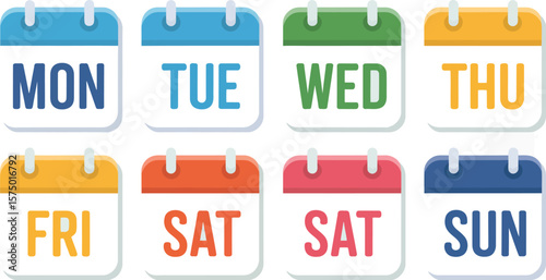 Colorful calendar icons displaying the days of the week from monday to sunday twice saturday