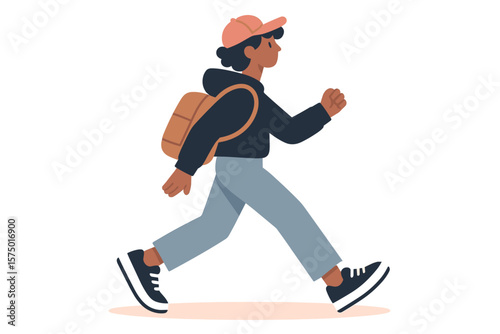 Stylish young person walking with backpack in modern flat design