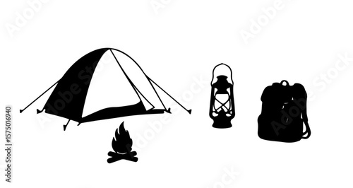 Illustration of camping equipment including a tent, lantern, backpack, and a campfire scene setup