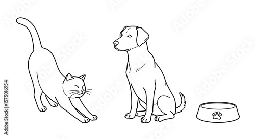 Line drawing of a stretching cat standing next to a sitting dog with a pet bowl on the ground