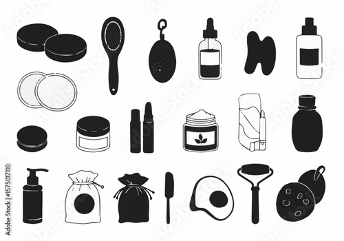 Illustration of various beauty and personal care products including bottles and containers neatly arranged