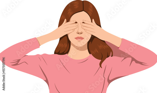 A woman in a pink shirt covering her eyes with her hands against a pink background art