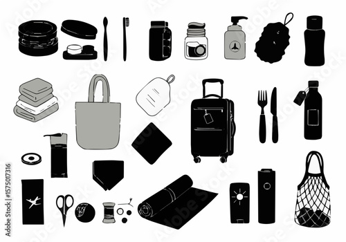 Collection of travel essentials including toiletries and accessories for personal care and comfort