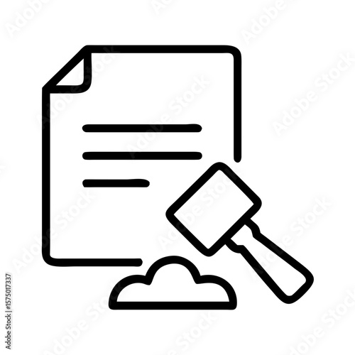 Legal document with gavel on the table in black line art style  