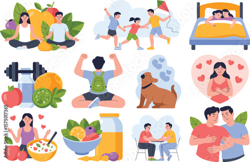 Illustrations depicting healthy lifestyles including diet exercise relationships and rest