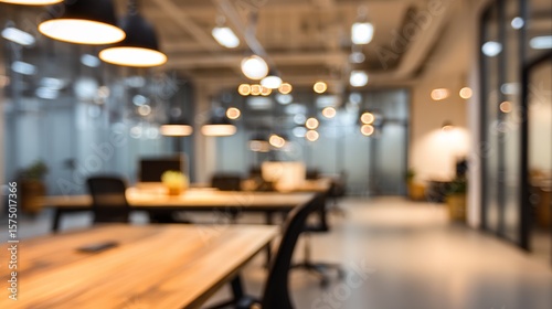Wallpaper Mural Soft focus creates an abstract view of modern open office space with hanging lights and wooden tables. Torontodigital.ca