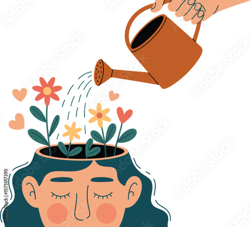 Illustration of a person with flowers growing out of their head being watered by a can